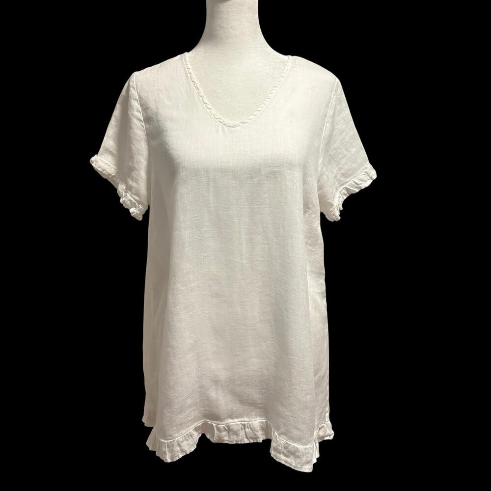 Match Point Size S Linen Top Shirt Ruffle Tunic White Made in USA Minimalist